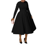Women's Autumn & Winter Chic Elegant Solid Round Neck Long-Sleeve A-line Flared Maxi Dress