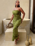 Women's Autumn Tie-Dye Strapless Low Back Slim Fitted Long Dress