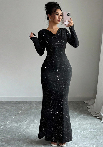 Women's Autumn Cowl Neck Shiny Stretch Long-Sleeve Mermaid Dress