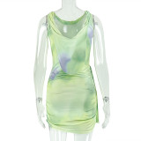 Women's Sleeveless Color-Block Round Neck Printed Slim Waist Ruched Bodycon Mini Dress