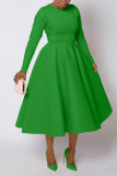Women's Autumn & Winter Chic Elegant Solid Round Neck Long-Sleeve A-line Flared Maxi Dress