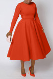 Women's Autumn & Winter Chic Elegant Solid Round Neck Long-Sleeve A-line Flared Maxi Dress
