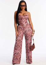 Women's Printed Leopard Print Fashion Fitted Strapless Top & Pants Two-Piece Set