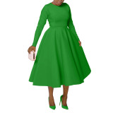 Women's Autumn & Winter Chic Elegant Solid Round Neck Long-Sleeve A-line Flared Maxi Dress