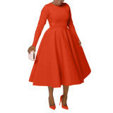 Women's Autumn & Winter Chic Elegant Solid Round Neck Long-Sleeve A-line Flared Maxi Dress