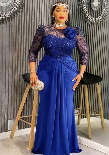 African Women's Plus Size Patchwork Lace Sequin Formal Party Evening Dress