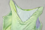 Women's Sleeveless Color-Block Round Neck Printed Slim Waist Ruched Bodycon Mini Dress