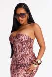 Women's Printed Leopard Print Fashion Fitted Strapless Top & Pants Two-Piece Set