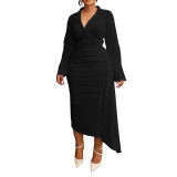 Women's Autumn & Winter Fashion Sexy V-Neck Button Ruched Asymmetric Dress
