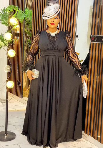 Women's Elegant Lace Sleeve Sequin Formal Maxi Dress