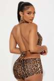 Women's Autumn Leopard Print Halter Neck Back Lace-Up Knot Patchwork Jumpsuit