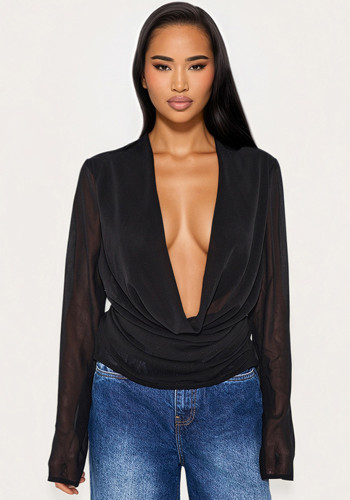 Women's Autumn & Winter Deep V Cowl Neck Chiffon Long-Sleeve Blouse