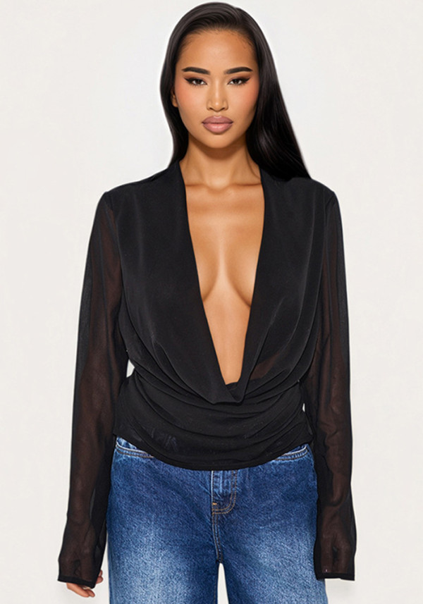 Women's Autumn & Winter Deep V Cowl Neck Chiffon Long-Sleeve Blouse