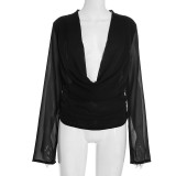 Women's Autumn & Winter Deep V Cowl Neck Chiffon Long-Sleeve Blouse