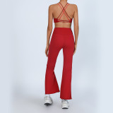 Women's Yoga Set Contrast Cross Back  Tank Top & High-Waist Quick-Dry White Stripe Bell Bottom Pants