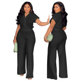 Women's Summer Plus Size Solid Short-Sleeve Shirt & High-Waist Casual Pants Two-Piece Set