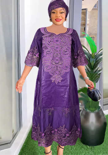 Plus Size African Women's Muslim Beaded Lace Robe Malay/Indonesian Dress with Headscarf