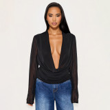 Women's Autumn & Winter Deep V Cowl Neck Chiffon Long-Sleeve Blouse