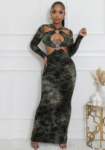 Women's Autumn Sexy Cutout Flocked Tie-Dye Long-Sleeve Dress