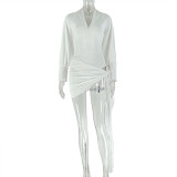 Women's Trendy Sexy V-Neck Long-Sleeve Lace-Up Bodysuit Ruched Asymmetric Two-Piece Set