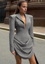 Women's Autumn & Winter Chic Solid Deep V-Neck Slim Waist Slim Fit Blazer Dress
