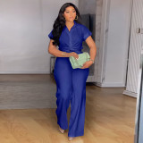 Women's Summer Plus Size Solid Short-Sleeve Shirt & High-Waist Casual Pants Two-Piece Set
