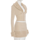 Women's Autumn & Winter Hooked Turndown Collar Long-Sleeve Top & Bodycon Patchwork Skirt Set