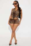 Women's Autumn Leopard Print Halter Neck Back Lace-Up Knot Patchwork Jumpsuit