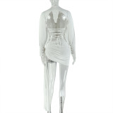 Women's Trendy Sexy V-Neck Long-Sleeve Lace-Up Bodysuit Ruched Asymmetric Two-Piece Set