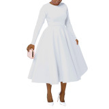 Women's Autumn & Winter Chic Elegant Solid Round Neck Long-Sleeve A-line Flared Maxi Dress