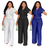 Women's Summer Plus Size Solid Short-Sleeve Shirt & High-Waist Casual Pants Two-Piece Set