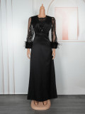 Women's Elegant Lace Sleeve Sequin Formal Maxi Dress