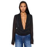 Women's Autumn & Winter Deep V Cowl Neck Chiffon Long-Sleeve Blouse