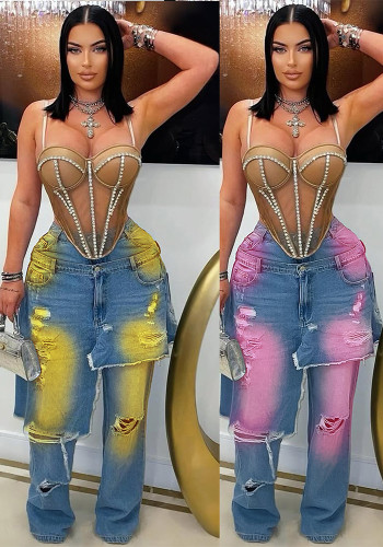 Women's Autumn & Winter Fashion Washed Distressed Spray-Dyed Wide Stretch Denim Patchwork Fake Two-Piece Pants