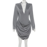 Women's Autumn & Winter Chic Solid Deep V-Neck Slim Waist Slim Fit Blazer Dress