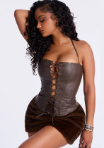 Women's Autumn Streetwear Sexy PU Leather Lace-Up Strapless Halter Neck Fitted Top Women's Autumn Streetwear Sexy PU Leather Lace-Up Strapless Halter Neck Fitted Top