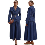 Women Long-Sleeved Top and Denim Skirt with Belt Two-Piece Set