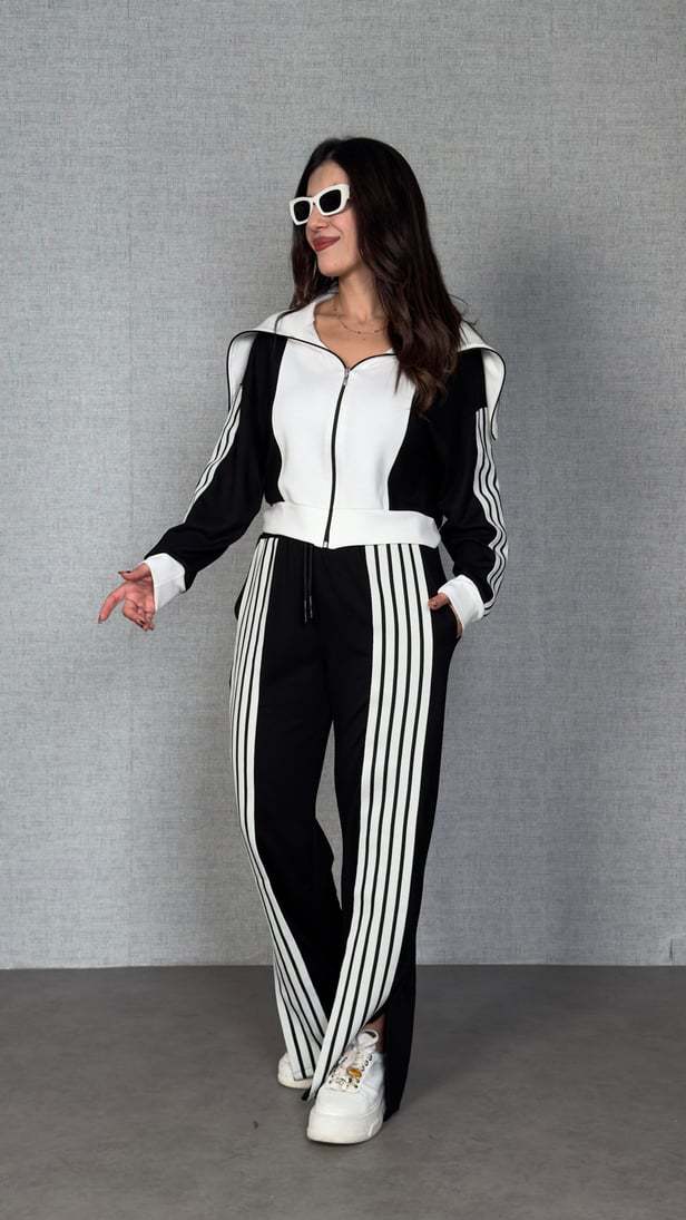 Women Color-Blocked Long-Sleeved Zipper Top and Pants Two-Piece Set