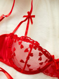 Women's Romantic Heart Print Embroidery See-Through Bow Lace-Up Mesh Satin Lingerie Set