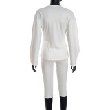 Women Autumn/Winter V-Neck Button-Up Solid Blazer Cropped Pants Two-Piece Set