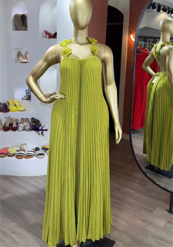 Women's Autumn Dress Sweet Fresh Strap Low Back Pleated Long