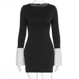 Women Round Neck Black and White Patchwork Long Sleeve Autumn Bodycon Dress
