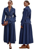 Women Long-Sleeved Top and Denim Skirt with Belt Two-Piece Set