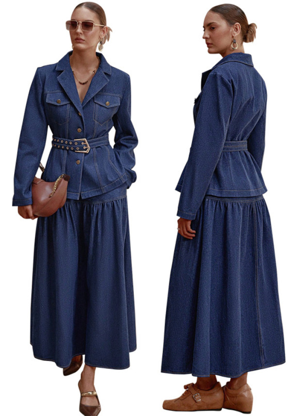 Women Long-Sleeved Top and Denim Skirt with Belt Two-Piece Set