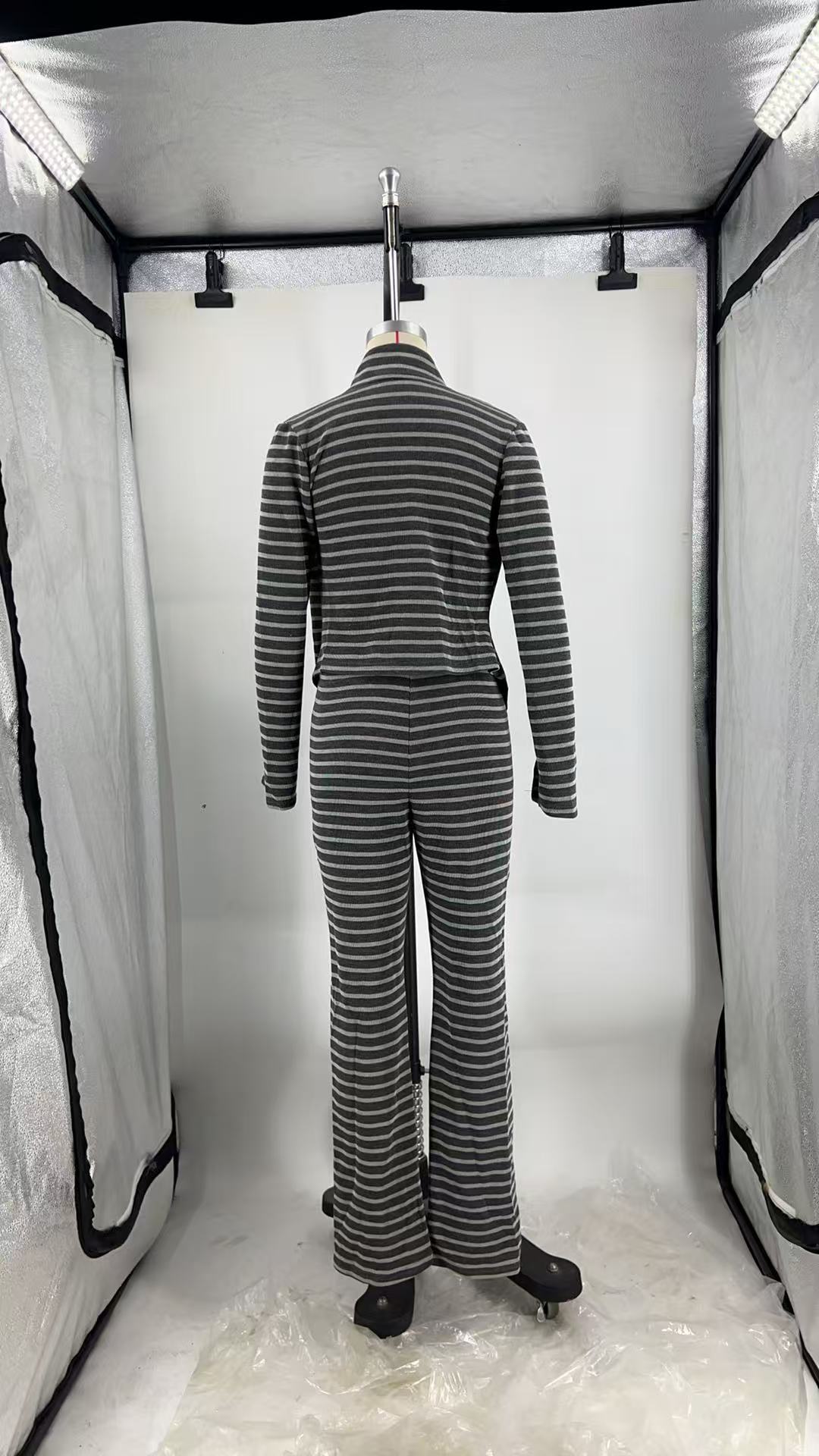 Women Autumn/Winter Striped Long-Sleeved Top and Pant Two-Piece Set