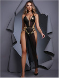 Women's Sexy Costume Black Sheer Mesh Strap Long Dress