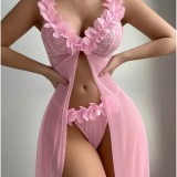 Women's Seductive Lingerie Set Low-Cut Floral See-Through Mesh Lace Slit Long Dress