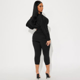 Women Autumn/Winter Asymmetrical Off-Shoulder Stacked Gathered Long-Sleeved Top and Cropped Pants Two-Piece Set