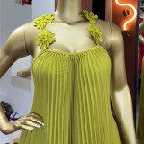 Women's Autumn Dress Sweet Fresh Strap Low Back Pleated Long