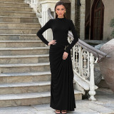 Women Autumn/Winter Solid Round Neck Long-Sleeved Metallic Pleated Bodycon Dress